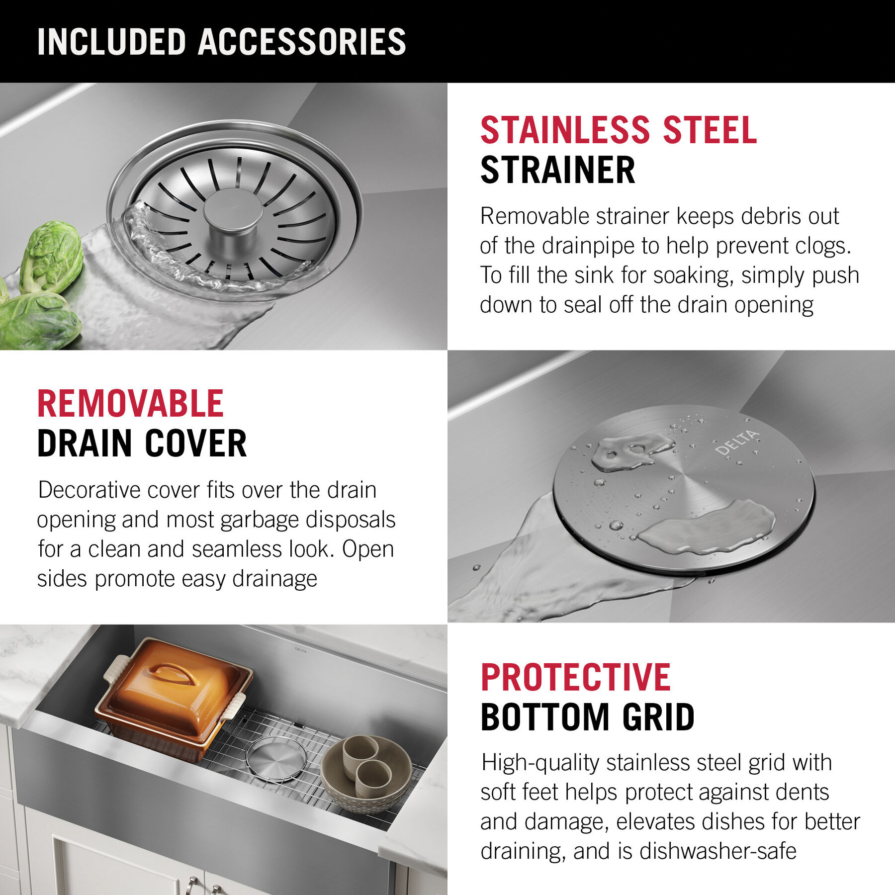Lavabo de cocina estilo campestre/borde delantero tipo estación de trabajo con un receptáculo de acero inoxidable calibre 16 de 33" de montaje bajo encimera, con reborde WorkFlow™ y accesorios, imagen 3
